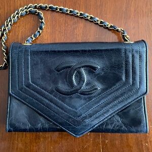 Authentic Vintage Chanel black envelope shoulder bag, with authentication